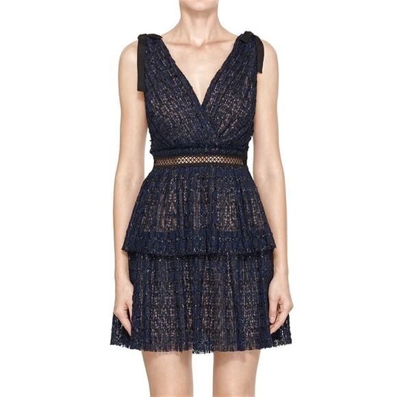 Self-Portrait Navy Metallic Tiered Lace Mini Dress, Size US 4 / UK 8 - Picture 1 of 7